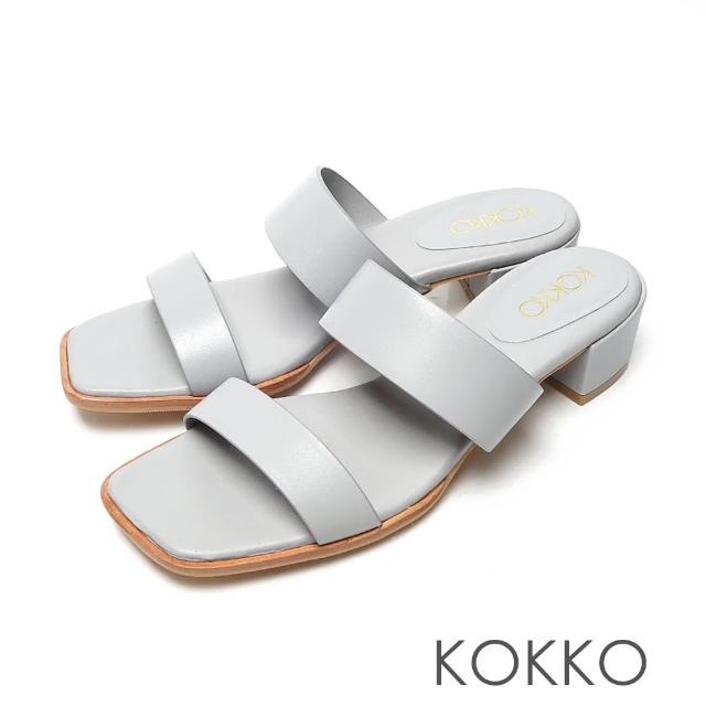 KOKKO 集團【KOKKO 集團】極簡時髦方頭一字帶粗跟綿羊皮涼拖鞋(霧藍色)