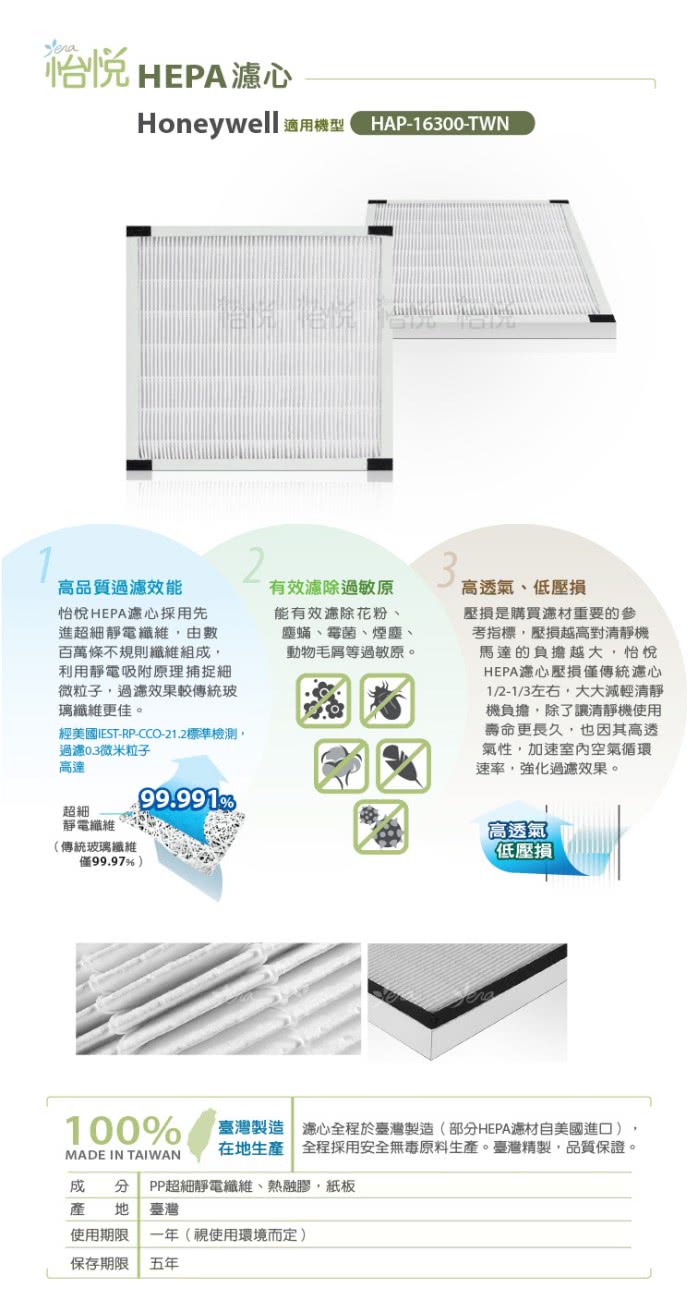 【怡悅】HEPA濾心(適用Honeywell 16300)