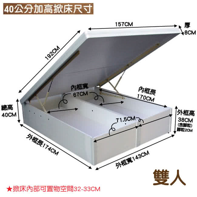 【優利亞-低甲醛40公分白色波麗板】雙人後掀床架-5尺