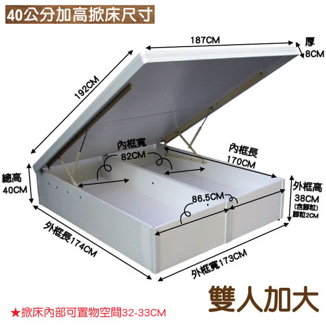 【優利亞-低甲醛40公分白色波麗板】加大後掀床架-6尺