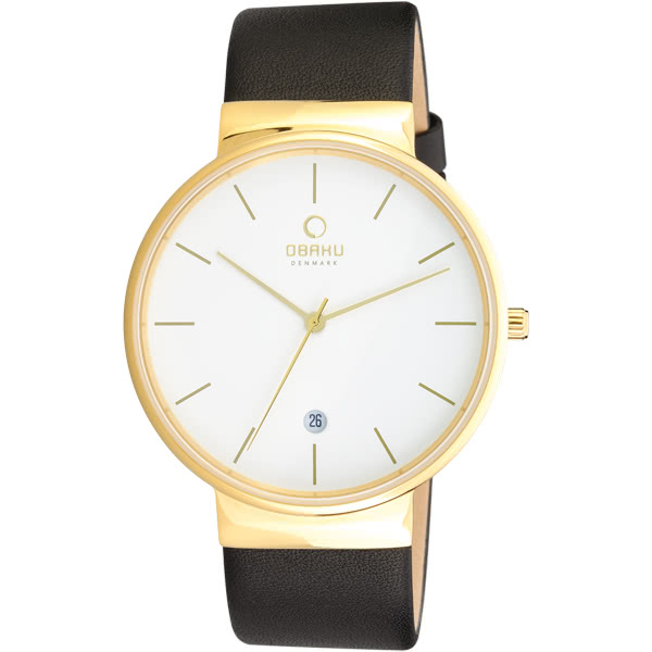 【OBAKU】純粹經典三針日期時尚腕錶-黑帶金框白/皮帶(V153GGWRB)