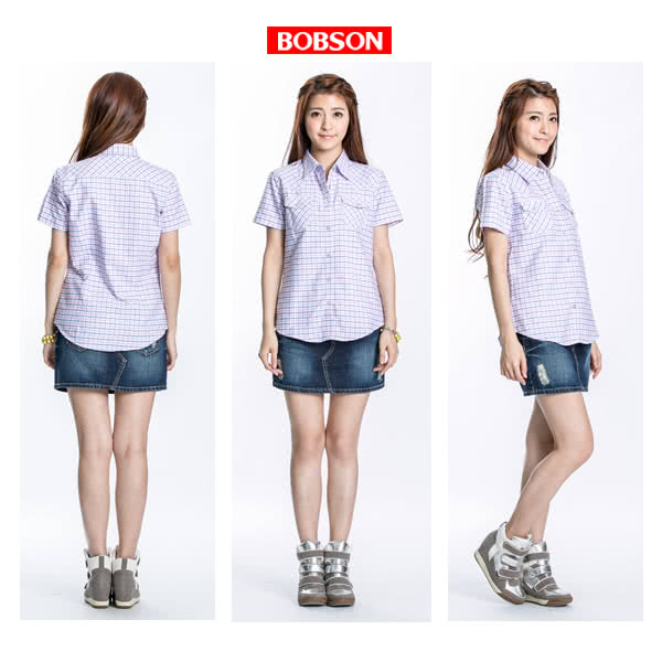 【BOBSON】女款格紋短袖襯衫(粉10)