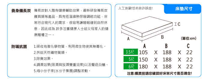 【KIKY】二代法式森呼吸養身備長炭獨立筒雙人加大床墊6尺YY