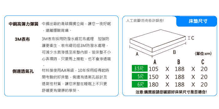 【KIKY】二代美式3M吸溼排汗三線獨立筒雙人床墊5尺YY