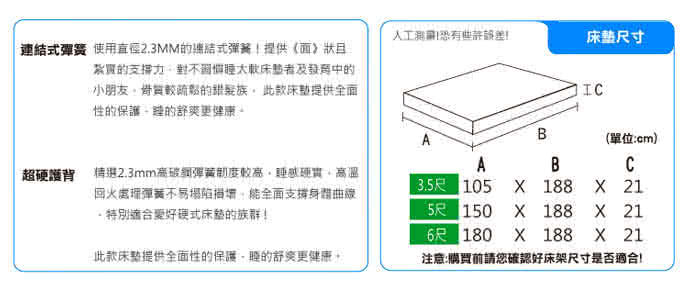 【KIKY】一代德式旗艦二線護背彈簧單人加大床墊3.5尺-YY