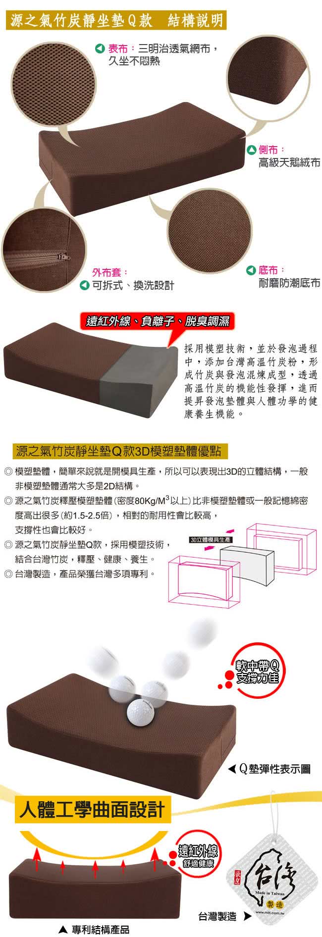 【源之氣】外出型竹炭靜坐墊Q款+記憶/加大四方+小四方/兩色可選