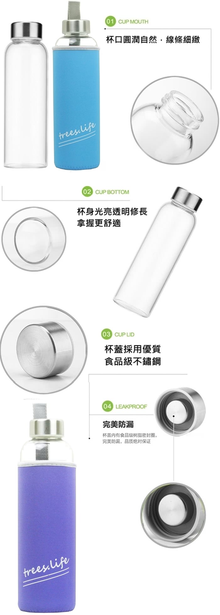 【可立夫】寬口x2+窄口x2 耐熱玻璃水瓶550ml附提把套(4入組隨機出貨)