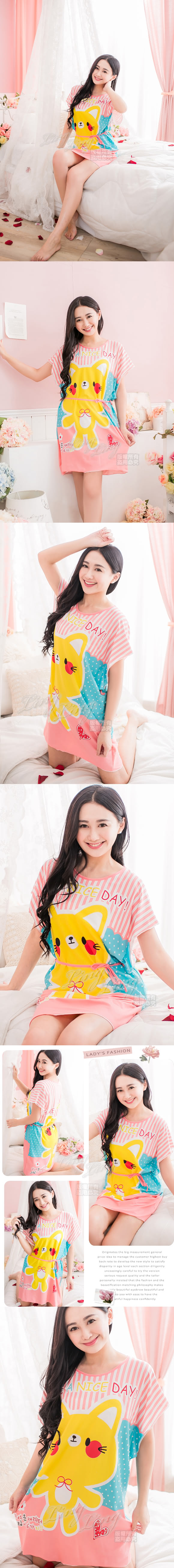 【lingling日系】PA2405全尺碼-牛奶絲條紋貓咪點點綁結連身睡衣(甜蜜橘粉)