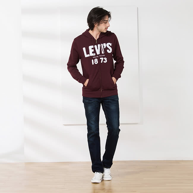 【Levis】經典大logo長袖連帽外套男-酒紅