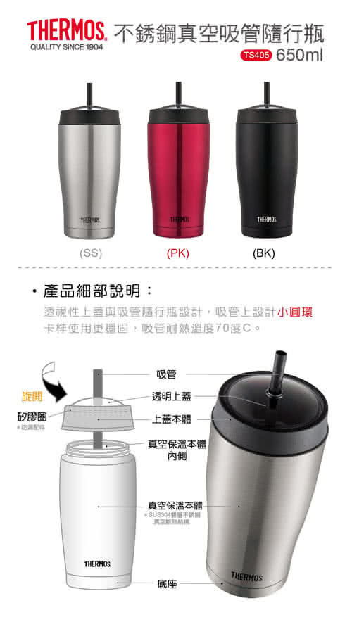 【THERMOS 膳魔師】不鏽鋼真空吸管隨行瓶0.65L(TS405)