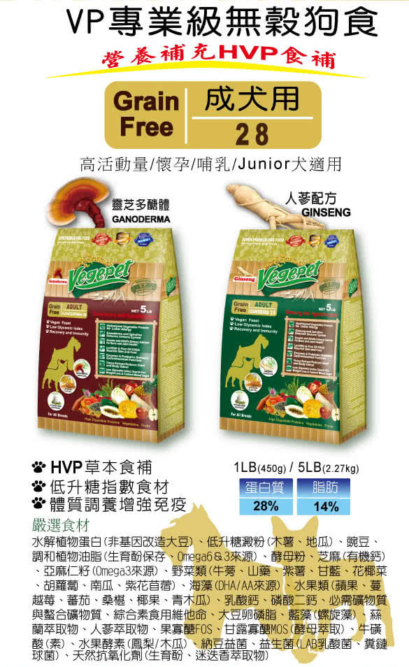 【維吉 VegePet】買5磅送1磅-VP專業級成犬無穀素狗食(靈芝、人參-5BL)