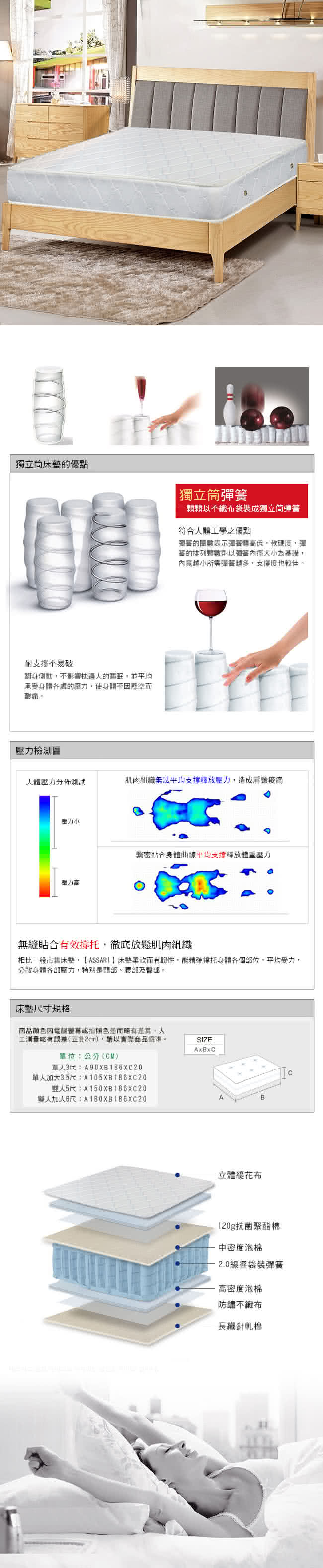 【ASSARI】簡約歐式二線獨立筒床墊(單大3.5尺)