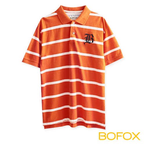 【BOFOX 寶狐】字母刺繡條紋POLO衫(橘白)