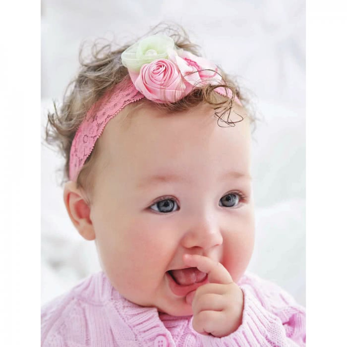 【美國 Elegant Baby】彈性蕾絲髮帶 - 粉紅玫瑰蝴蝶綠花(9607)