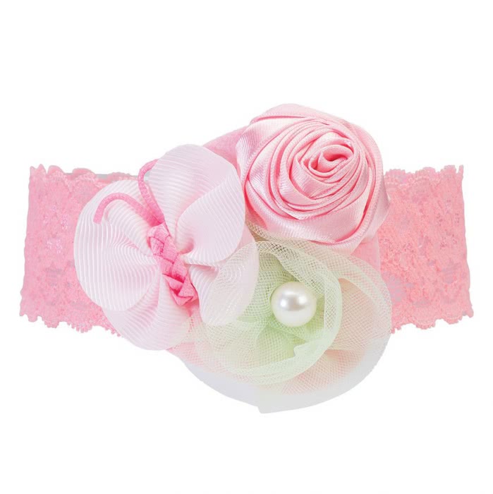 【美國 Elegant Baby】彈性蕾絲髮帶 - 粉紅玫瑰蝴蝶綠花(9607)
