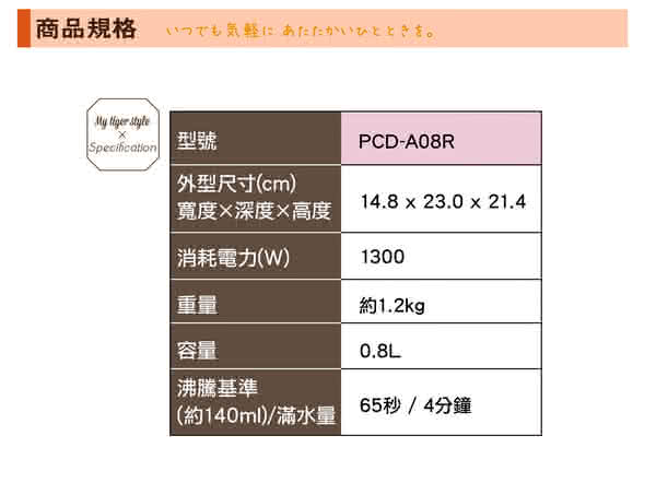 【TIGER虎牌】0.8L電器提倒快煮壺(PCD-A08R_e)