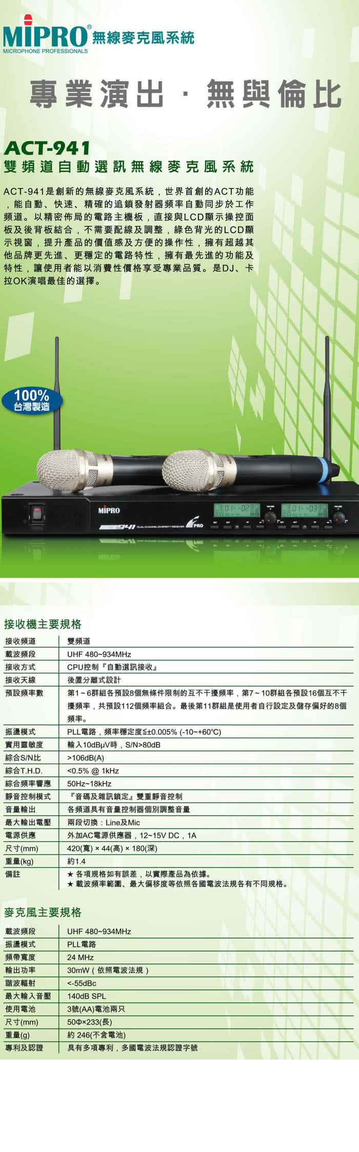 【MIPRO】UHF 電容式無線麥克風、112頻道數、MU-100IV音頭(ACT-941)