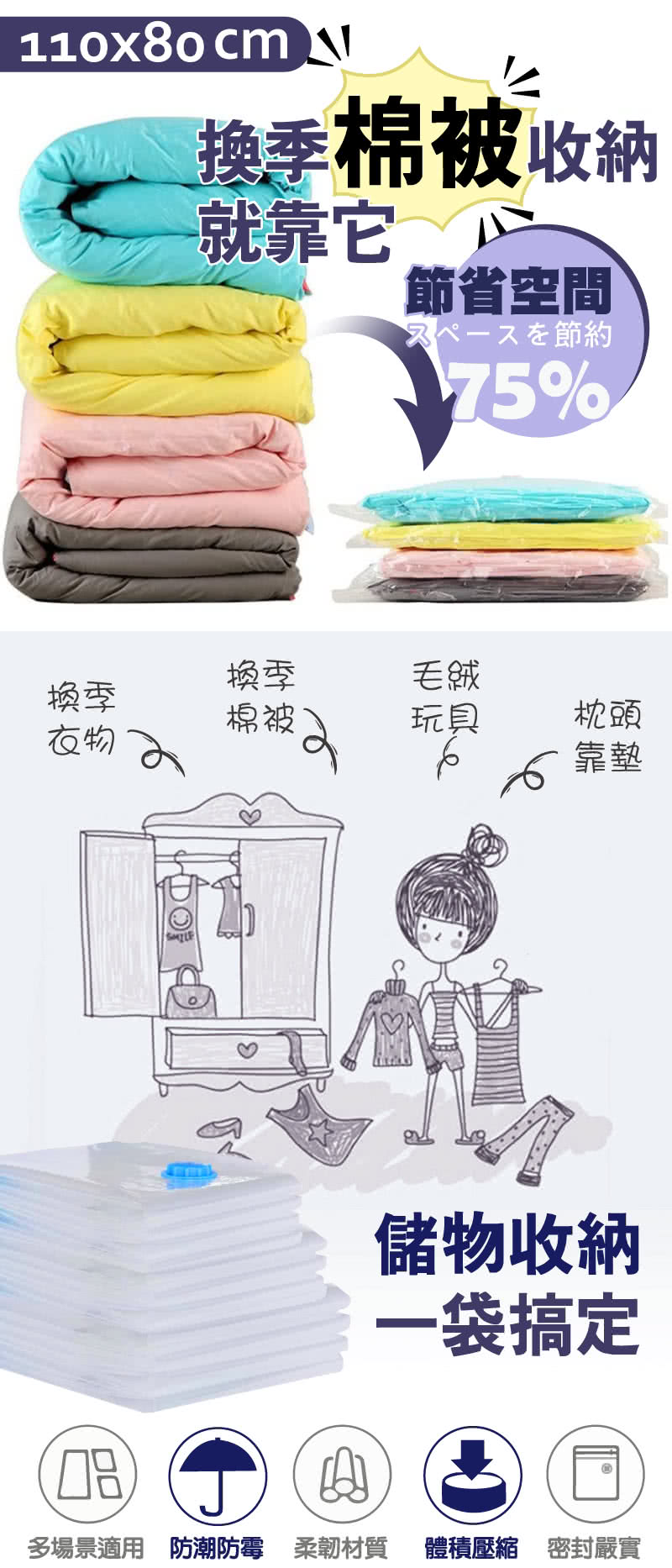 G+ 居家 真空衣物收納袋-110x80公分6入組(棉被收納 G+ 居家 真空衣物收納袋-110x80公分6入組(棉被收納