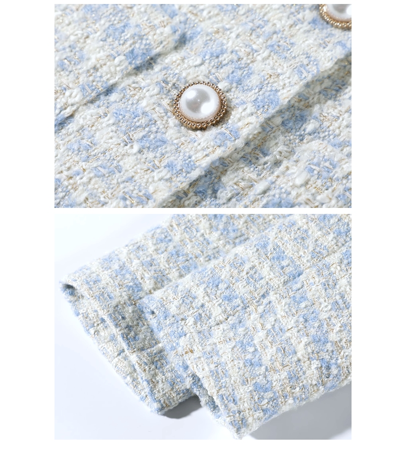 CHACO /預購/女春秋 藍白色小香款優雅珠釦點綴粗花呢長 CHACO /預購/女春秋 藍白色小香款優雅珠釦點綴粗花呢長