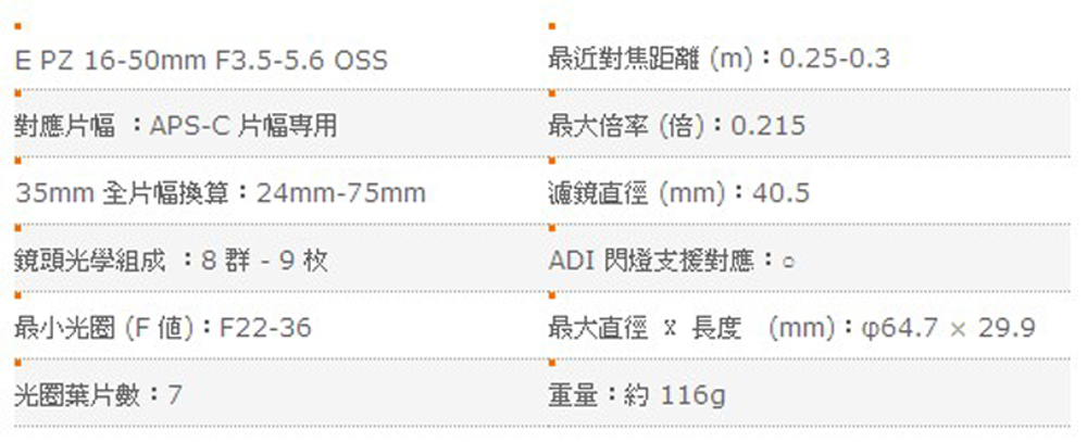 SONY索尼 SELP1650 E PZ 16-50mm F3.5-5.6 OSS - 詳情1