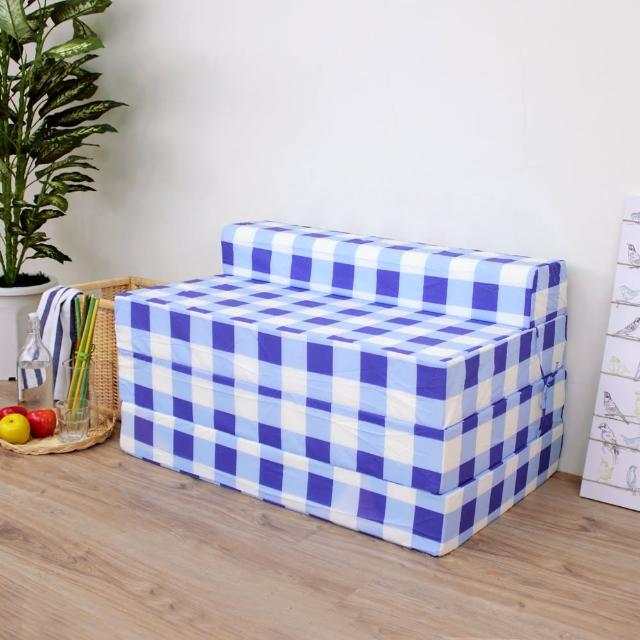【藍白方格】四折式沙發床-沙發椅-寬75 床長200公分