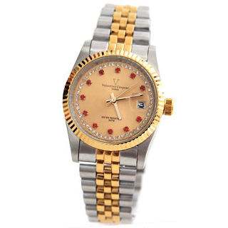 【Valentino范倫鐵諾】金銀色澤交錯不鏽鋼紅鑽錶手錶(玖飾時尚NE371)