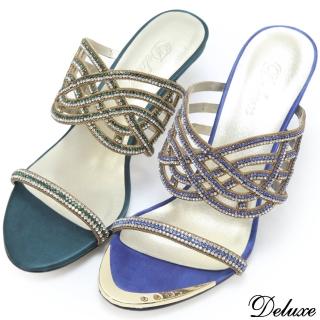 【Deluxe】全真皮巴黎名媛優雅水鑽美型跟涼跟鞋(藍、綠)