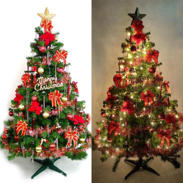 【聖誕裝飾特賣】台灣製7尺-7呎(210cm豪華版裝飾綠聖誕樹+紅金色系配件組+100燈鎢絲樹燈3串)
