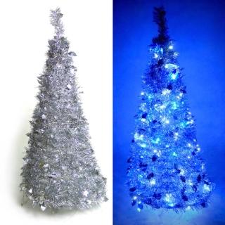 【聖誕裝飾特賣】4尺-4呎(120cm) 創意彈簧摺疊聖誕樹 (銀色系)+LED100燈串(9光色可選)