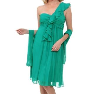 【摩達客】美國進口Landmark單邊荷葉袖浪漫紗裙翠綠派對小禮服-洋裝(含禮盒-附絲巾)