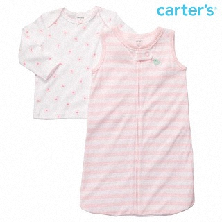 【Carter/oshkosh】長袖上衣+睡袋/防踢被 2件組-粉紅小鳥條紋款(#121B706)