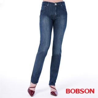 【BOBSON】女款高腰刺繡鑽飾小直筒褲(藍52)