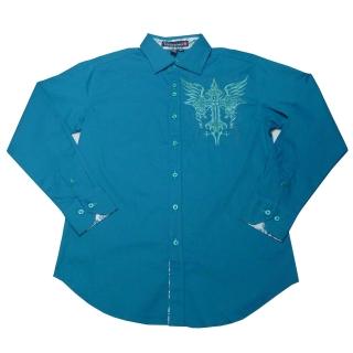 【摩達客】美國進口潮時尚設計 Victorious  翅膀十字圖騰刺繡藍綠色長袖襯衫