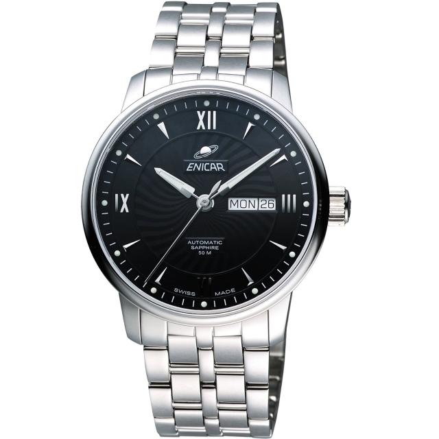 【ENICAR】光輝時刻經典機械腕錶-黑/銀/41mm(3168-50-351aB)