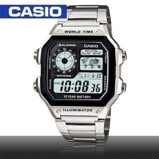 【CASIO 卡西歐】方形世界時間地圖不鏽鋼中性錶(AE-1200WHD)