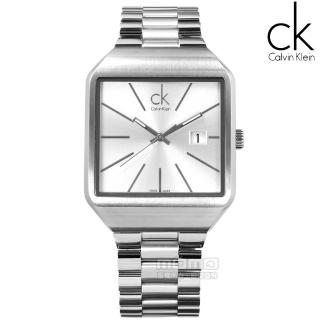 【Calvin Klein】Gentle?爵士風尚方形日期腕錶-銀色 - 大(K3L31166)