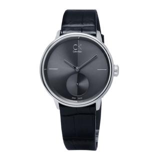 【Calvin Klein】Uhren Accent-獨立秒針純黑皮革腕錶-灰 - 小(K2Y231C3)