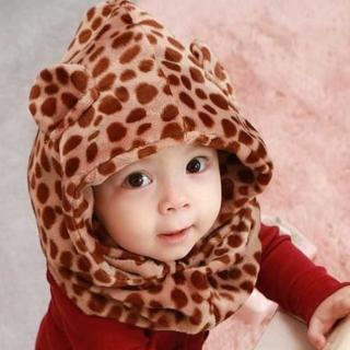 【PS Mall】韓版男女寶寶嬰兒童 豹紋連體圍脖帽 保暖帽 嬰兒毛線帽 針織帽(B115)