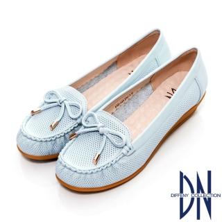 【DN】通勤首選 減壓全真皮蝴蝶結楔型包鞋(藍)