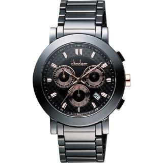 【Diadem】黛亞登 都會三眼計時陶瓷腕錶-黑x玫塊金/41mm(8D1407-631RG-D)