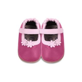 【英國 shooshoos】安全無毒健康真皮手工鞋-小童鞋_桃紅-兩朵小粉花(膠質鞋底-公司貨)