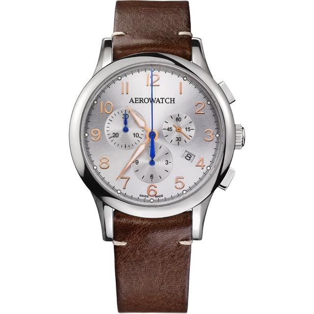 【AEROWATCH】Grace優雅風範三眼計時腕錶-銀x咖啡/42mm(A83966AA03)