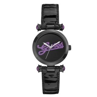 【GUESS】時彼秘n靚麗率性漆皮腕錶-黑紫-33mm(GWW0057L6)