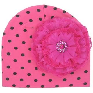 【美國Jamie Rae】女寶寶-女童100%純棉帽_糖果粉黑點印花帽+覆盆子蕾絲玫瑰(JRCHL09)