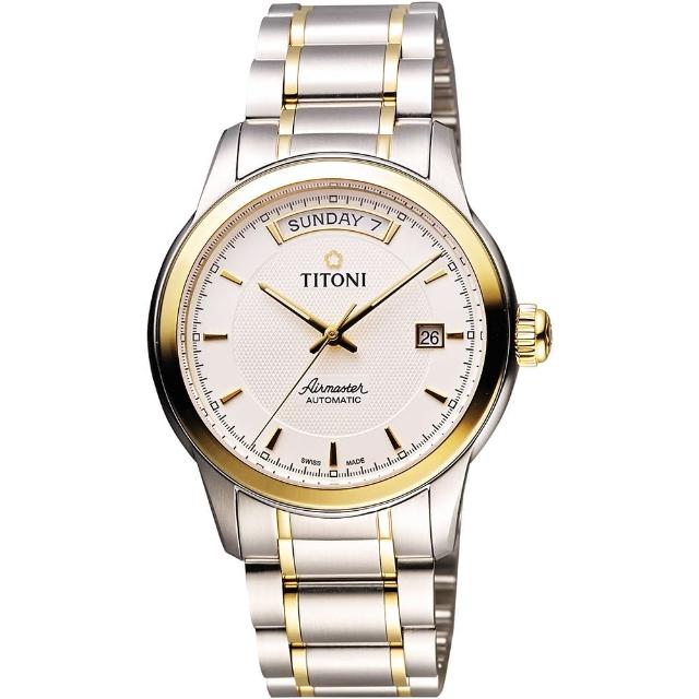 【TITONI】Airmaster 時尚Day-Date機械腕錶-銀x雙色版(93933SY-332)