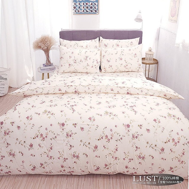 【Lust 生活寢具】法式玫瑰 100%純棉、雙人5尺床包/枕套/薄被套6X7尺、台灣製