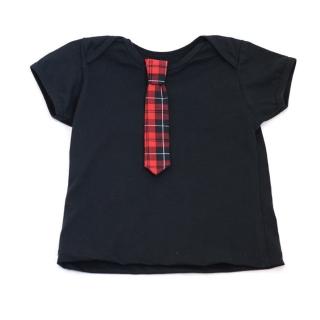 【加拿大Electrik Kidz】神祕黑素色T恤with紅格紋小領帶(短袖T恤)