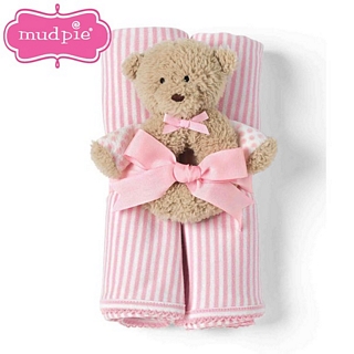 【Mud Pie】粉色嬰兒毯+小熊安撫娃娃套組 #2102145