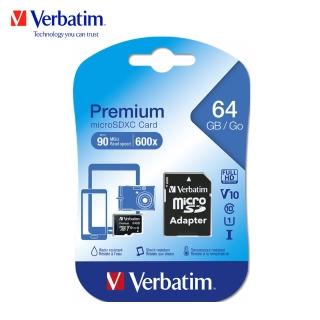 【Verbatim 威寶】64GB microSDHC UHS-1高速記憶卡(含轉卡)