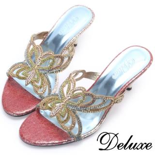 【Deluxe】美麗蝴蝶彩鑽涼跟鞋(紅色)